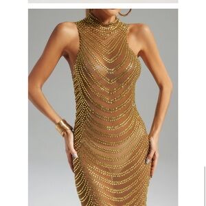Gold Rhinestone Mesh Sleeveless Backless Bodycon Evening Maternity Maxi Dress